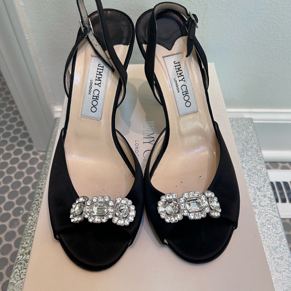 Jimmy Choo Black SatinCrystal Embellished Heels